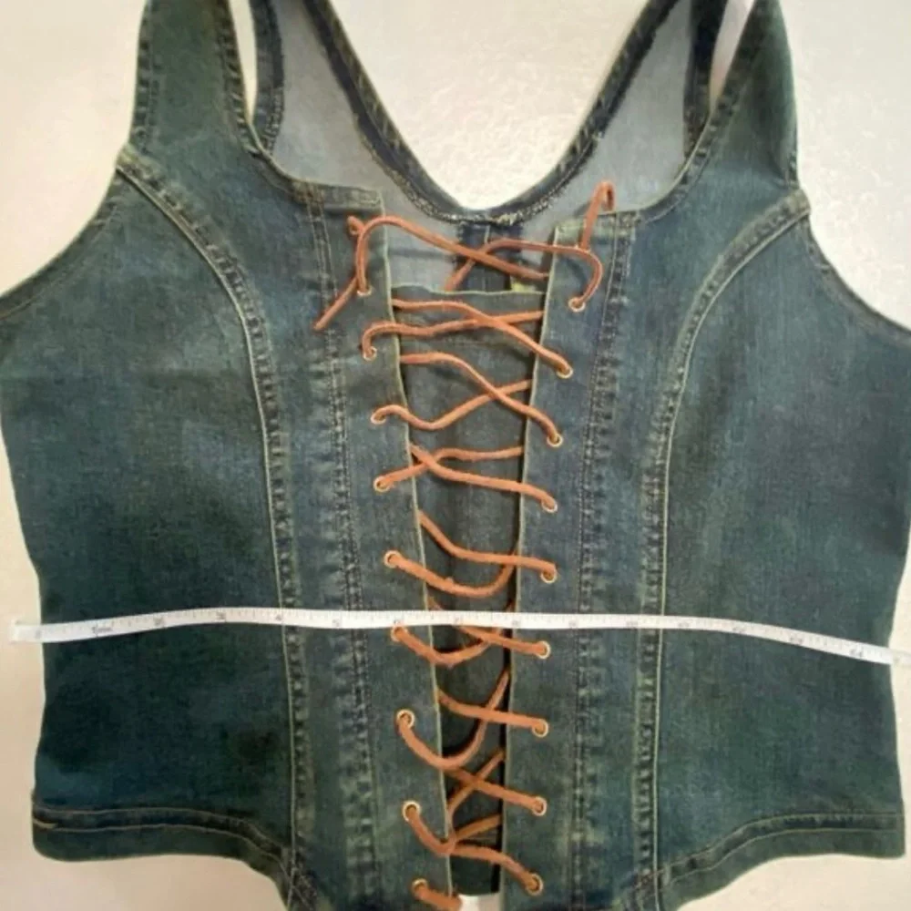 Denim Lace-Up Corset Top with Gold Necklace - Picture 2 of 4